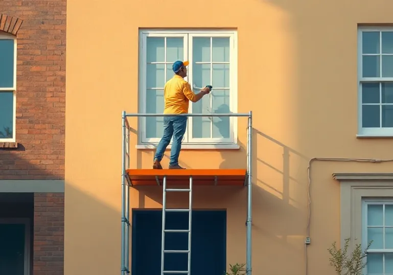Peintre sur échafaudage traitant la façade d'une maison