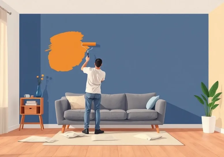 Peintre appliquant la peinture au rouleau sur un mur de salon